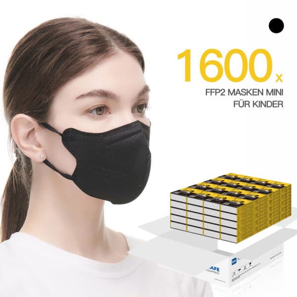 FlameBrother FFP2 Masken Kinder Schwarz FFP2 Small Size CE Zertifiziert Atemschutzmaske Farbig in Schwarz 1600 Stück