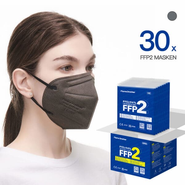 FlameBrother FFP2 Masken Grau CE Zertifiziert FFP2 Atemschutzmaske Farbig in Grau 30 Stück