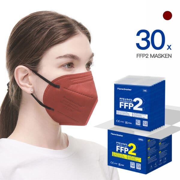 FlameBrother FFP2 Masken Rot CE Zertifiziert FFP2 Atemschutzmaske Farbig in Rot 30 Stück