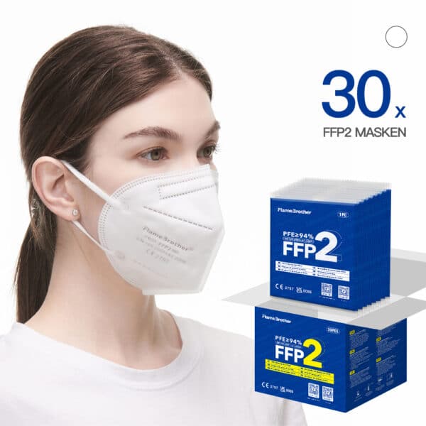 FlameBrother FFP2 Masken CE Zertifiziert FFP2 Atemschutzmaske weiß 30 Stück